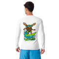 Surf Moose Long Sleeve Rash Guard in White, back view with Surf Moose print