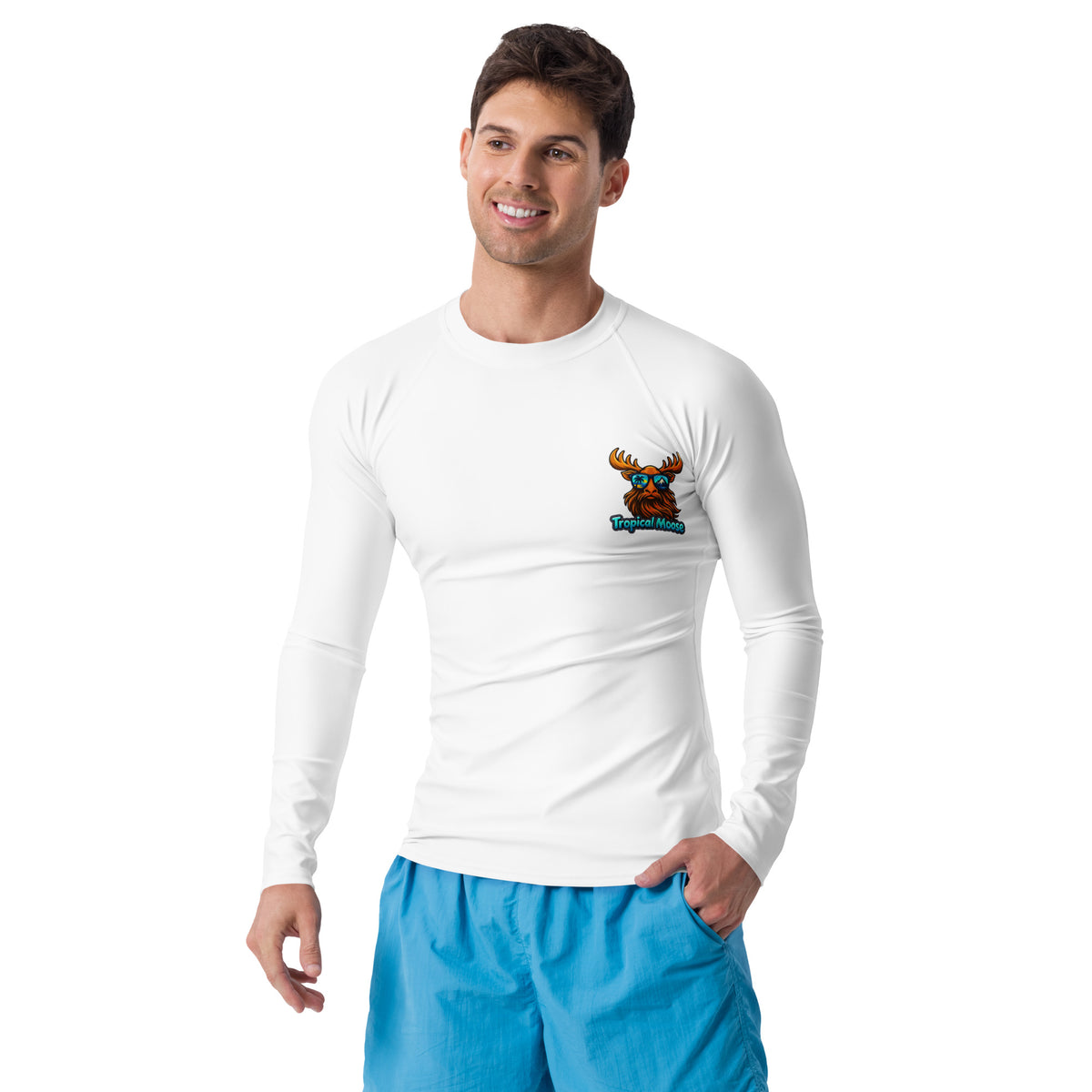 Surf Moose Long Sleeve Rash Guard in White, front view