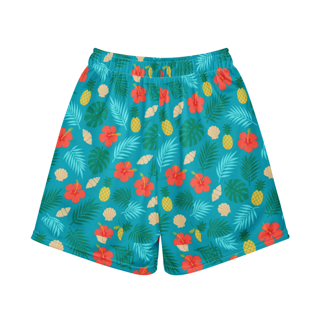 Mini Moose Tropical Shorts with palm, hibiscus and pineapple print, back view