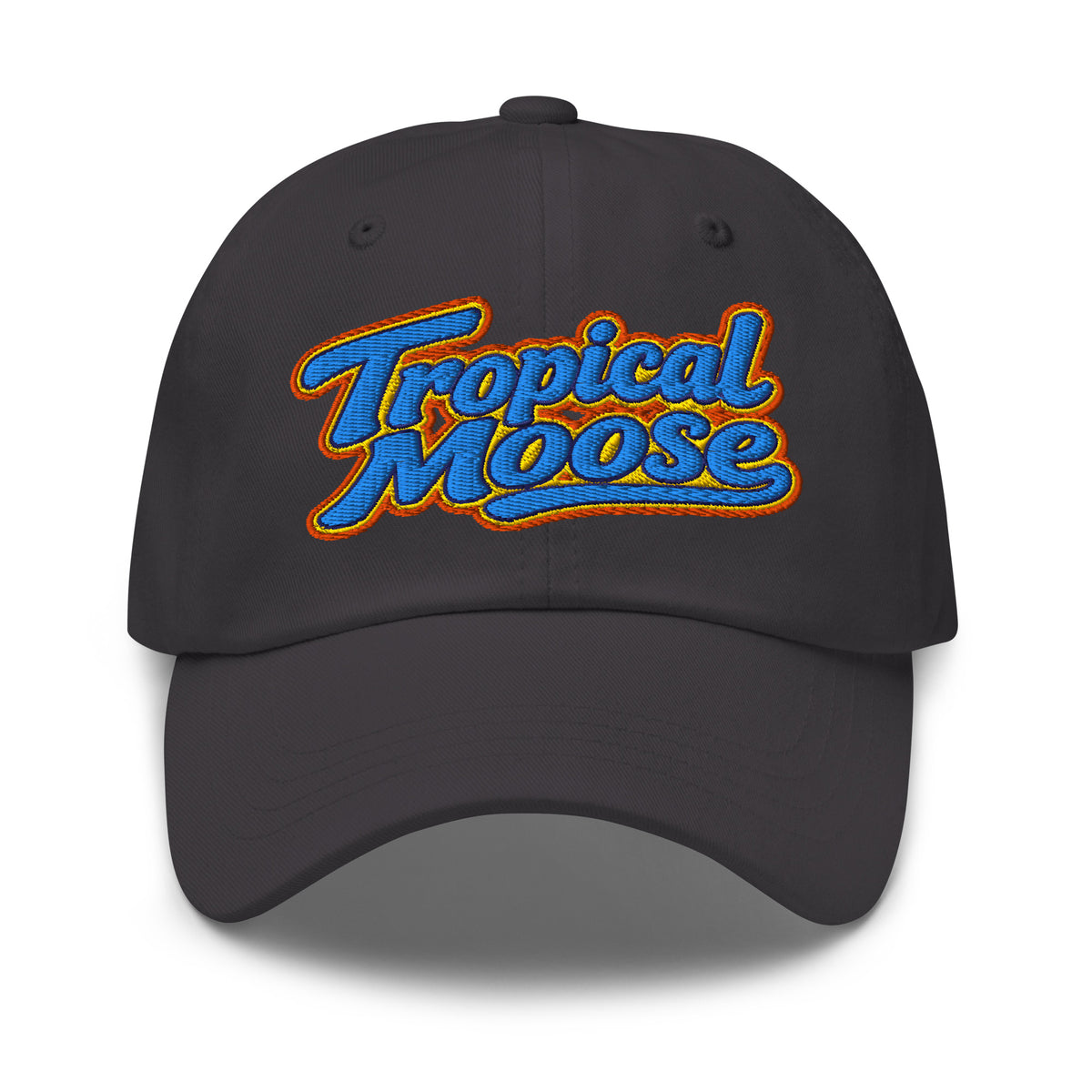 Tropical Moose Script Dad Hat in Dark Grey, front view