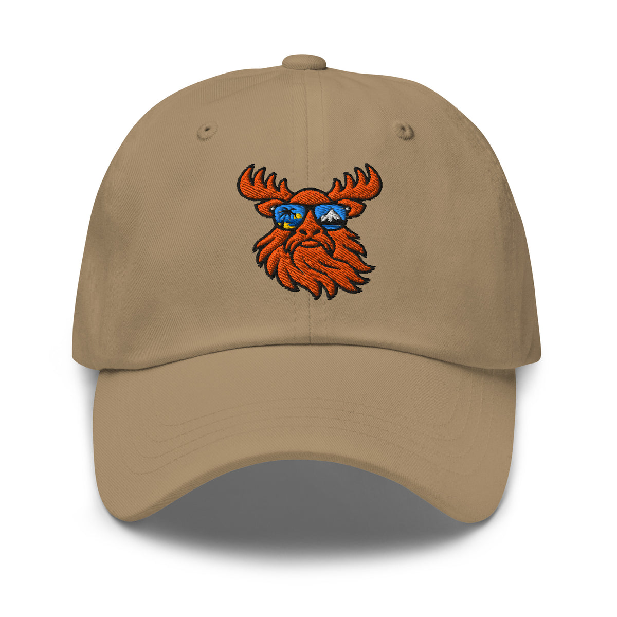 Tropical Moose Embroidered Dad Hat in Khaki, front view