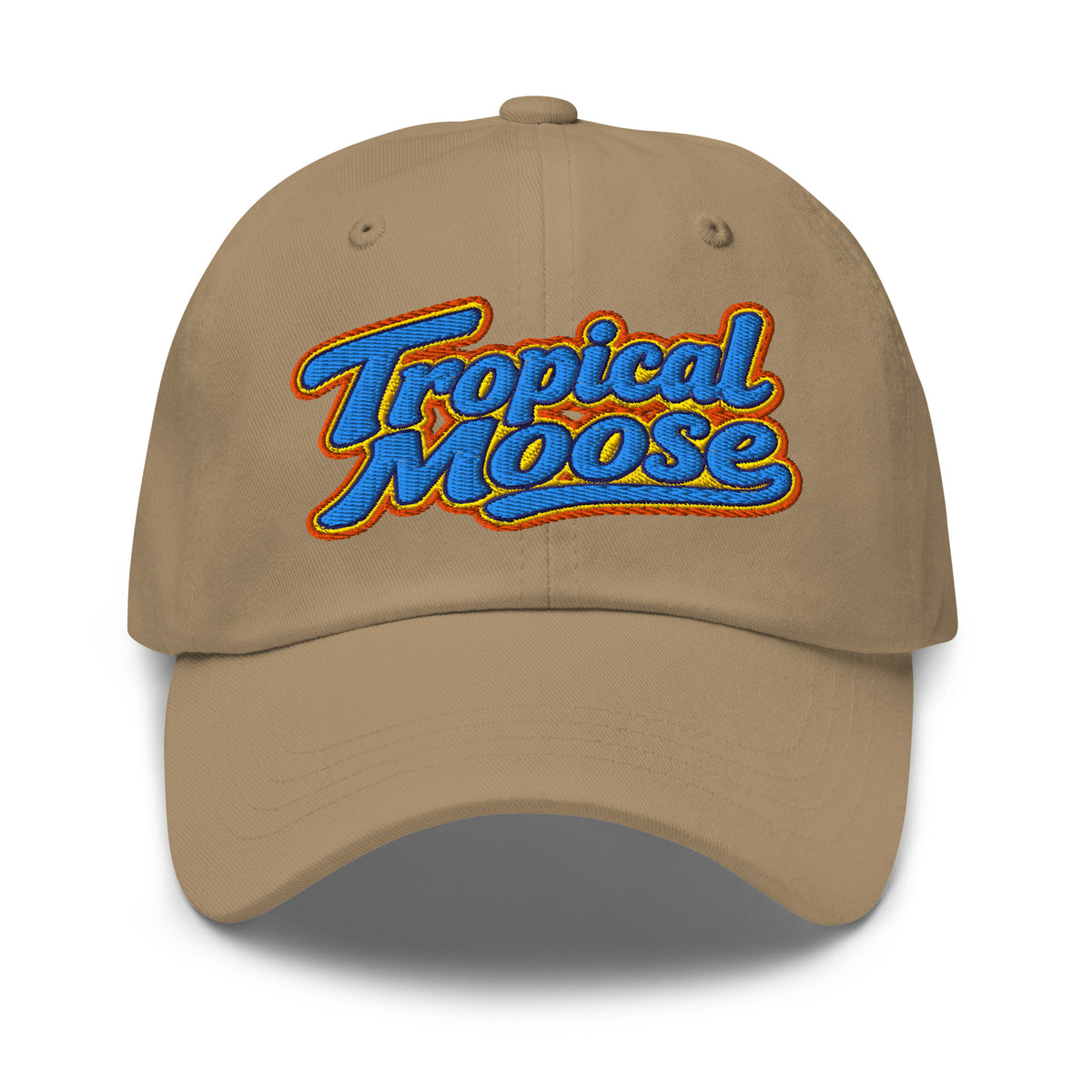 Tropical Moose Script Dad Hat in Khaki, front view