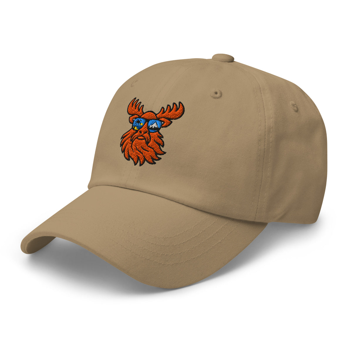 Tropical Moose Embroidered Dad Hat in Khaki, left front view