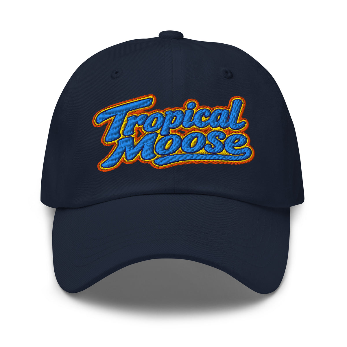Tropical Moose Script Dad Hat in Navy, front view
