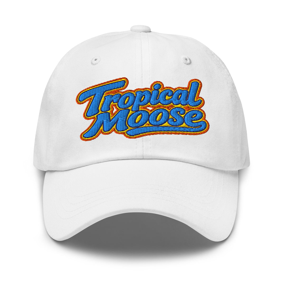 Tropical Moose Script Dad Hat in White, front view