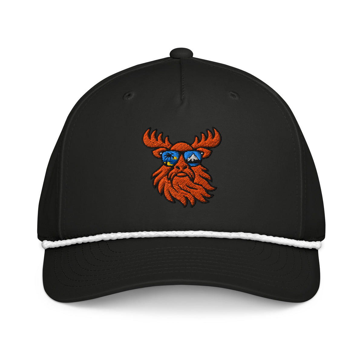 Tropical Moose Golf Rope Cap, black with white rope, front view