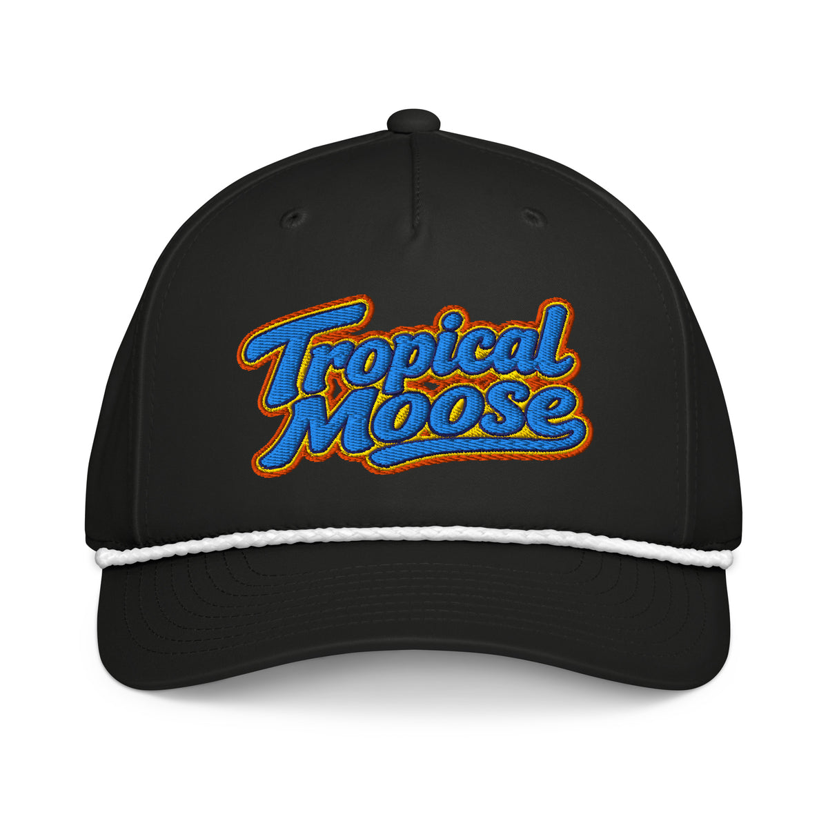 Tropical Moose Script Golf Rope Cap, black with white rope, front view