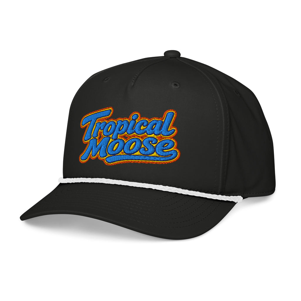 Tropical Moose Script Golf Rope Cap, black with white rope, left front view