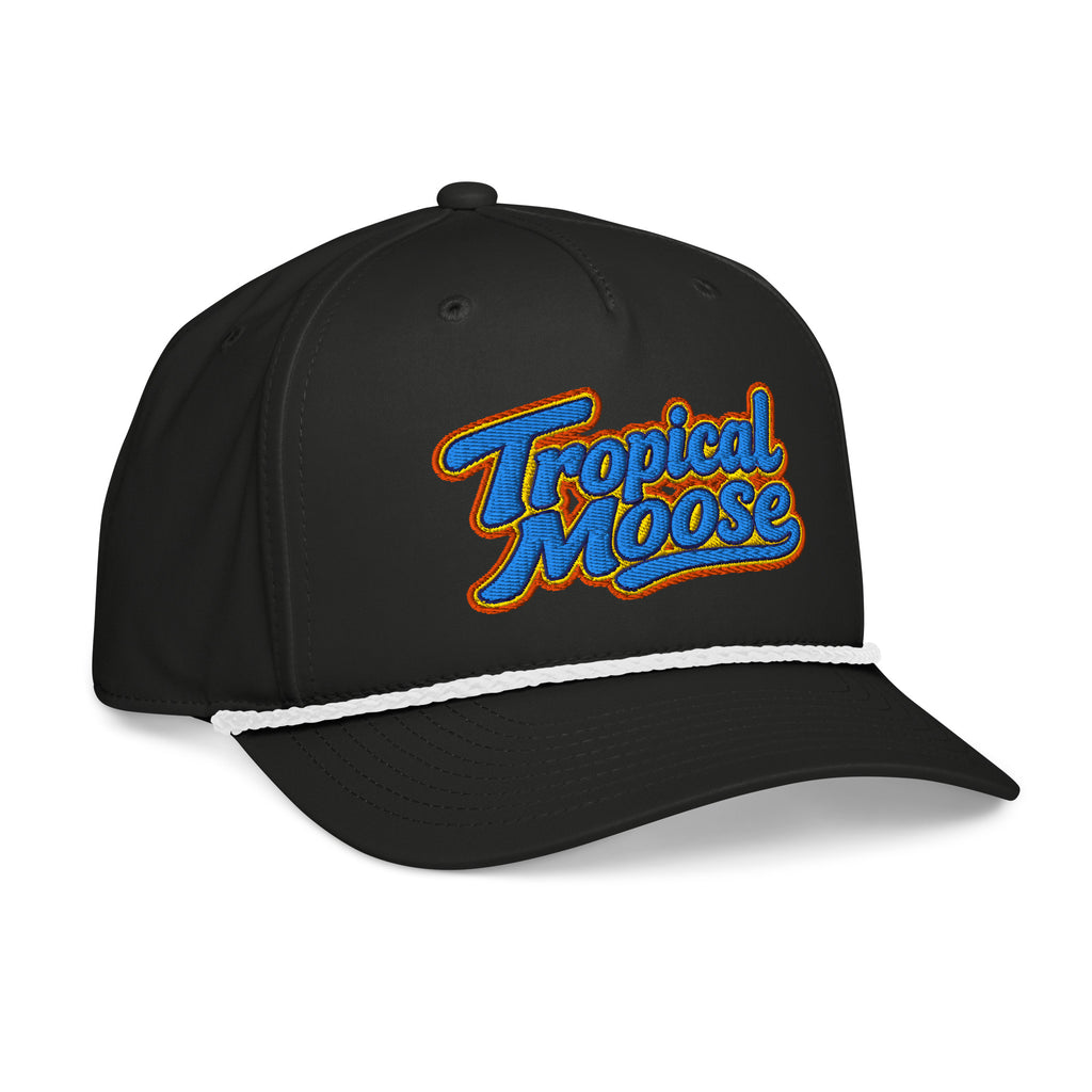 Tropical Moose Script Golf Rope Cap, black with white rope, right front view