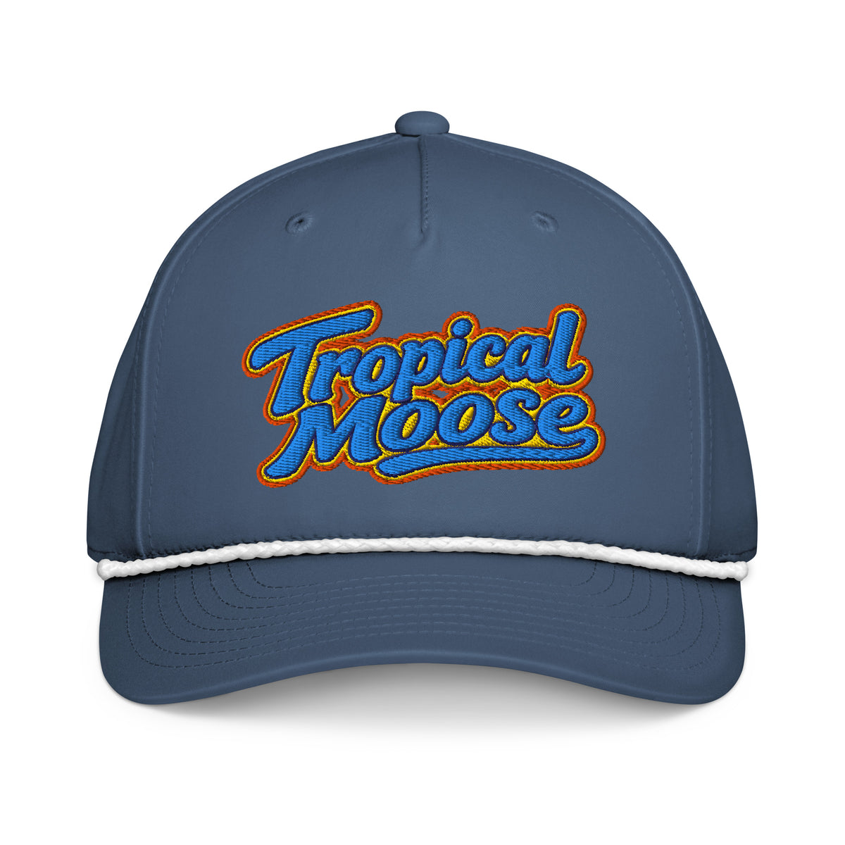 Tropical Moose Script Golf Rope Cap, light blue with white rope, front view
