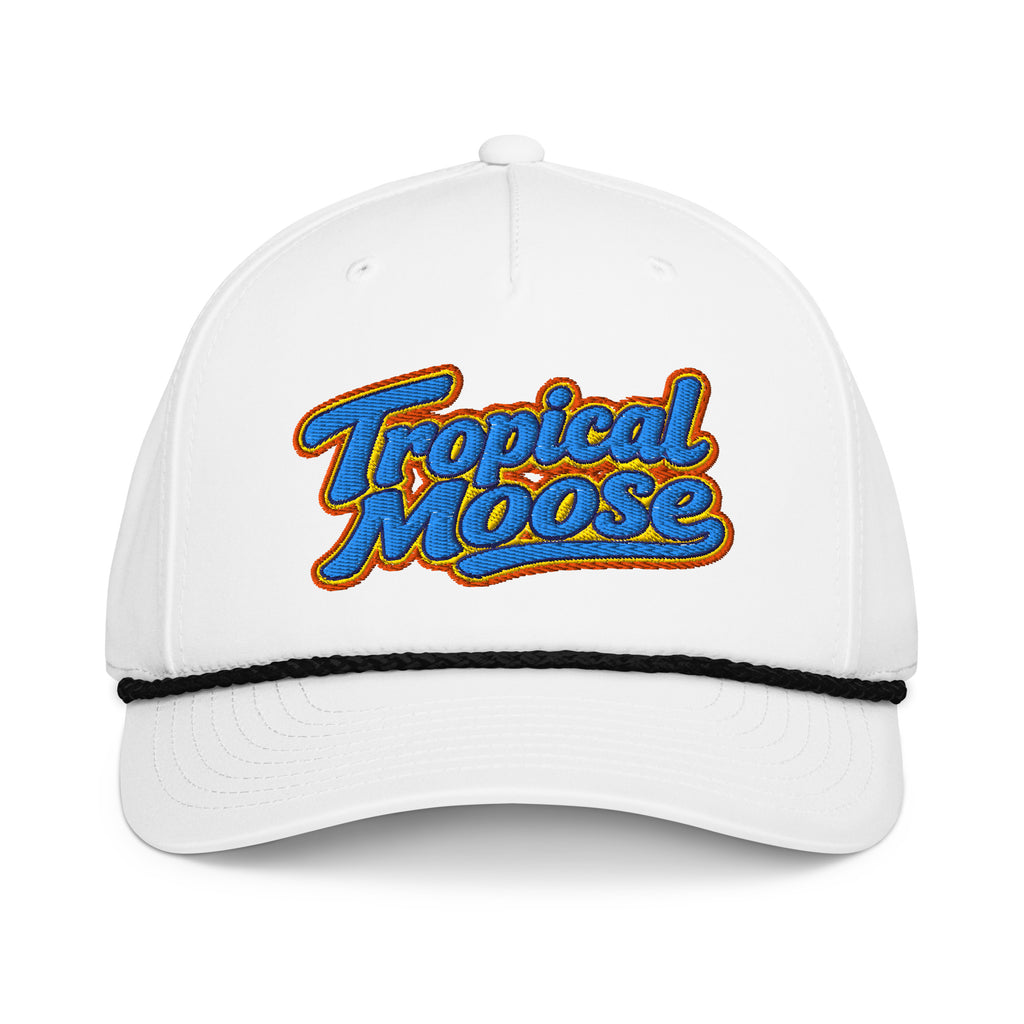 Tropical Moose Script Golf Rope Cap, white with black rope, front view
