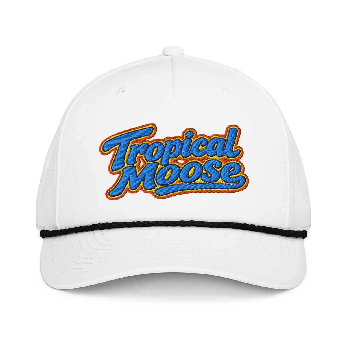 Tropical Moose Script Golf Rope Cap, white with black rope, front view