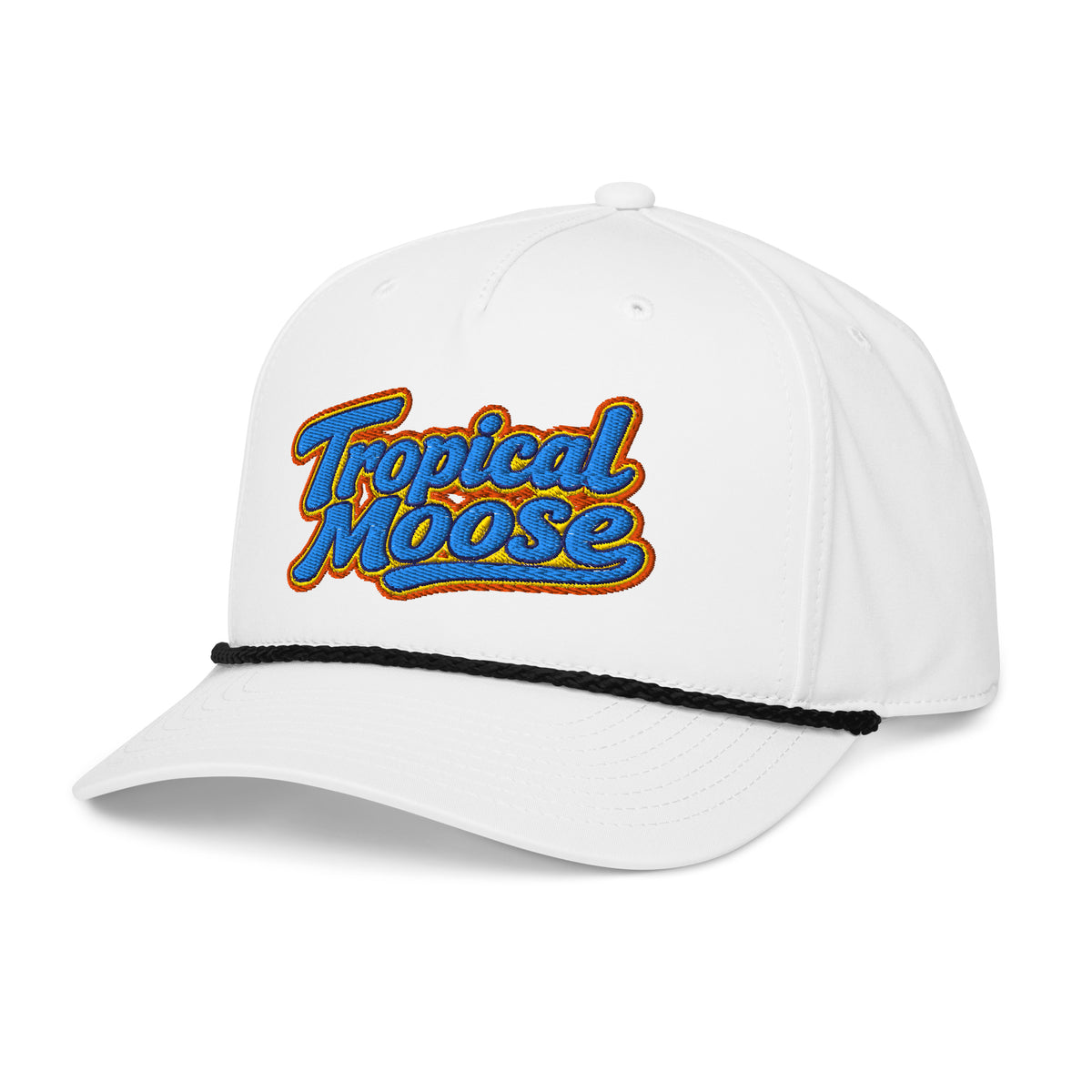 Tropical Moose Script Golf Rope Cap, white with black rope, left front view