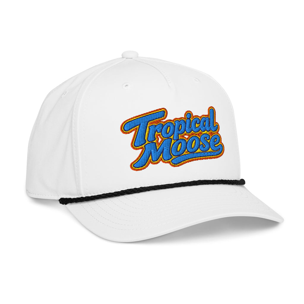 Tropical Moose Script Golf Rope Cap, white with black rope, right front view