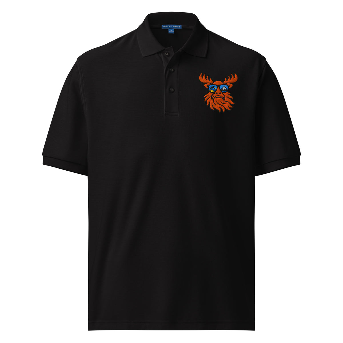 Tropical Moose Embroidered Polo in Black, front view