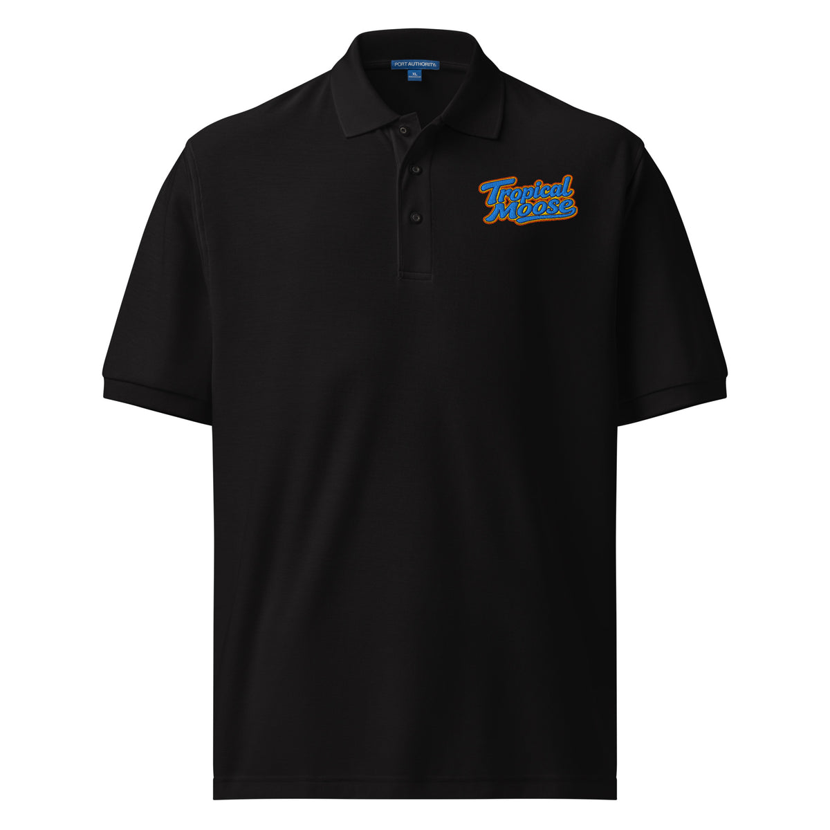 Tropical Moose Script Polo in Black, front view