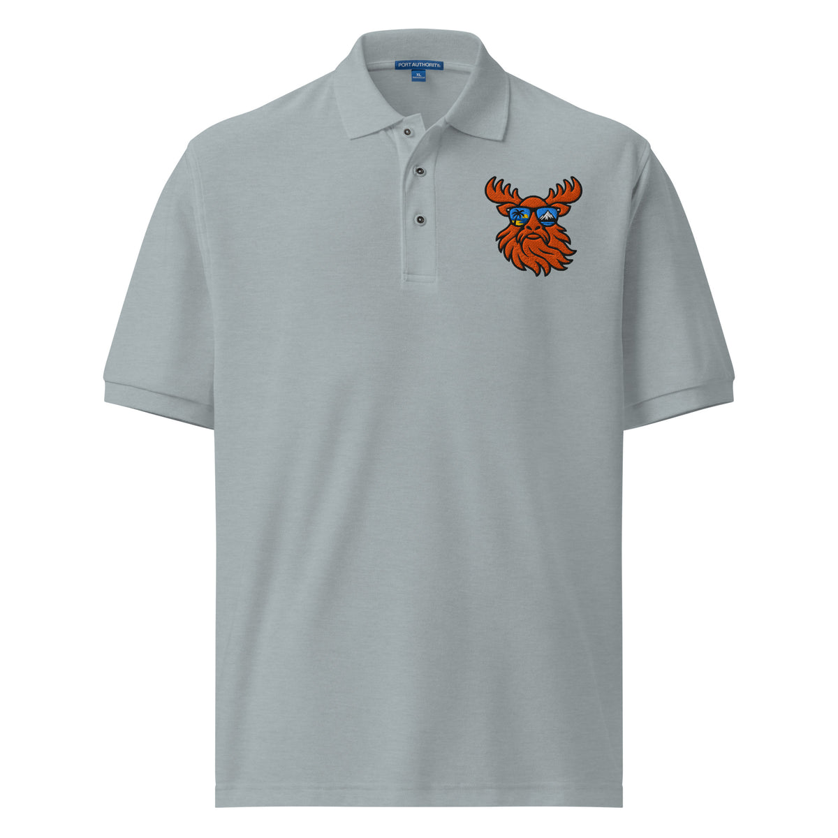 Tropical Moose Embroidered Polo in Cool Heather, front view
