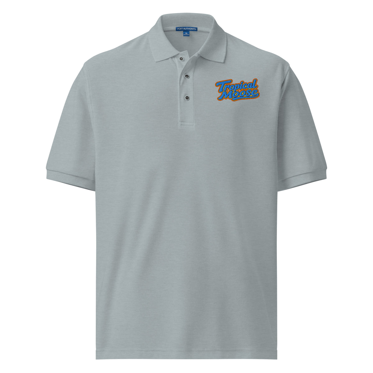Tropical Moose Script Polo in Cool Heather, front view