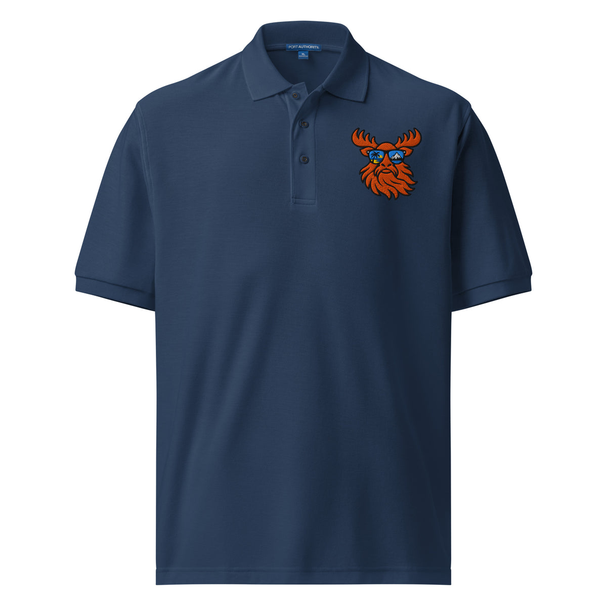 Tropical Moose Embroidered Polo in Navy, front view