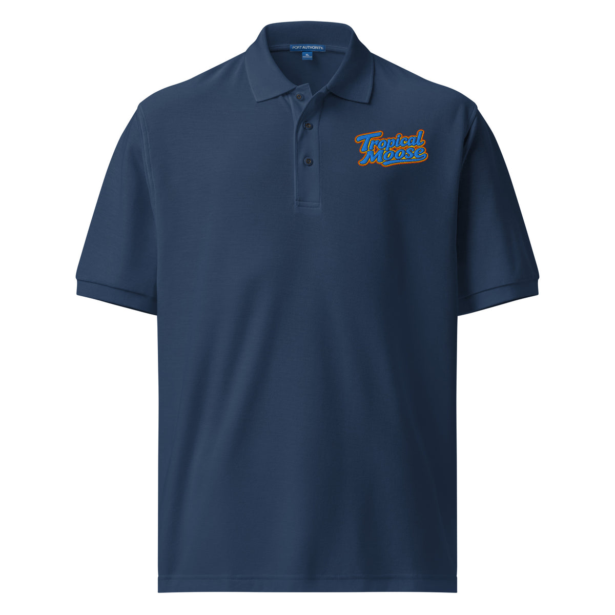 Tropical Moose Script Polo in Navy, front view