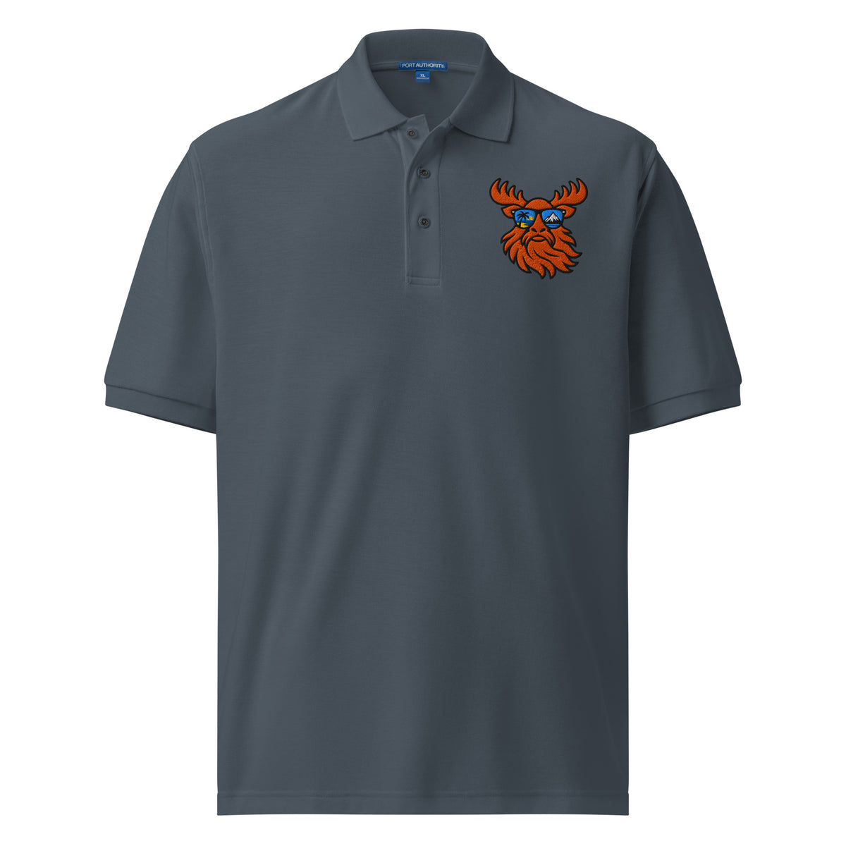 Tropical Moose Embroidered Polo in Steel Grey, front view