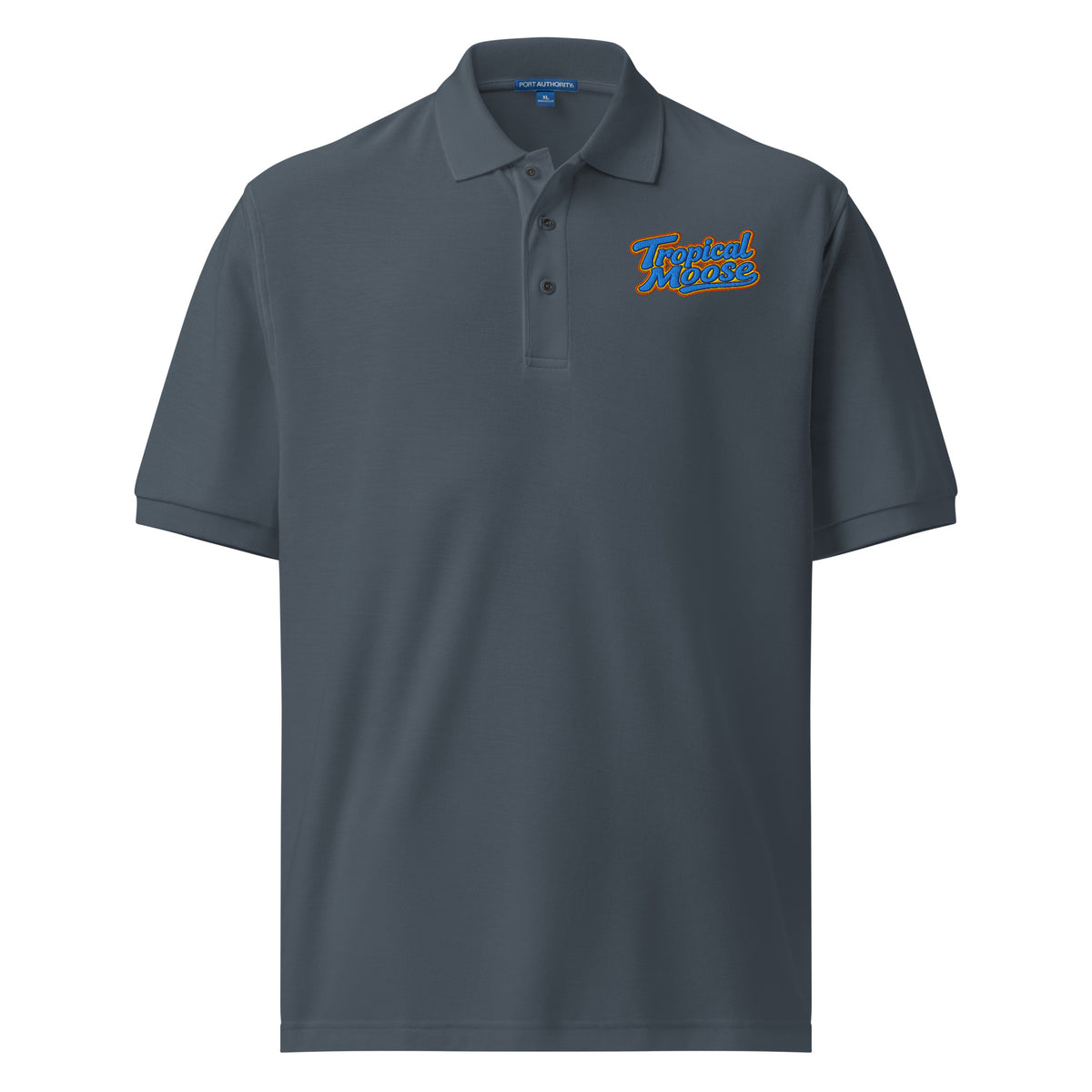 Tropical Moose Script Polo in Steel Grey, front view