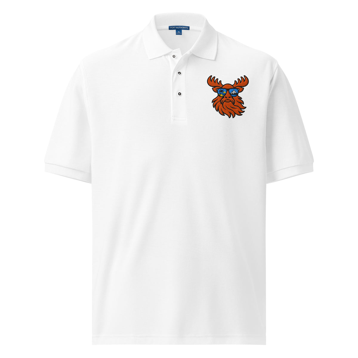 Tropical Moose Embroidered Polo in White, front view