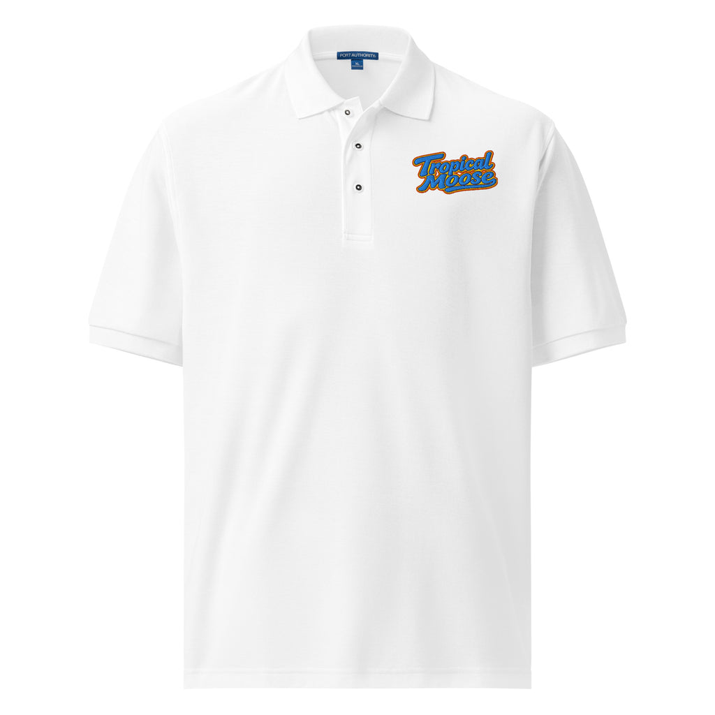 Tropical Moose Script Polo in White, front view
