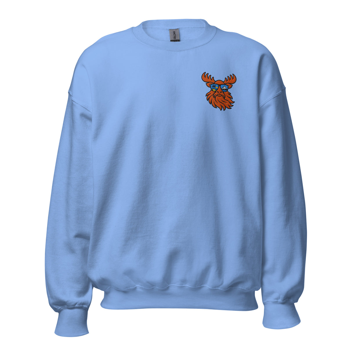 Tropical Moose Embroidered Crewneck in Carolina Blue, front view