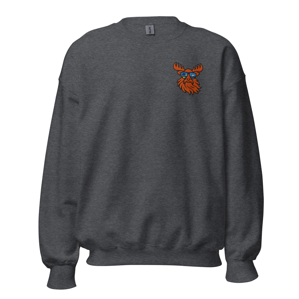 Tropical Moose Embroidered Crewneck in Dark Heather, front view