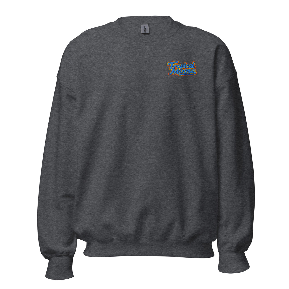Tropical Moose Script Crewneck in Dark Heather, front view