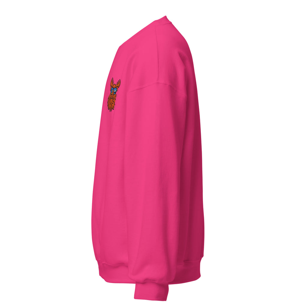 Tropical Moose Embroidered Crewneck in Heliconia pink, left side view