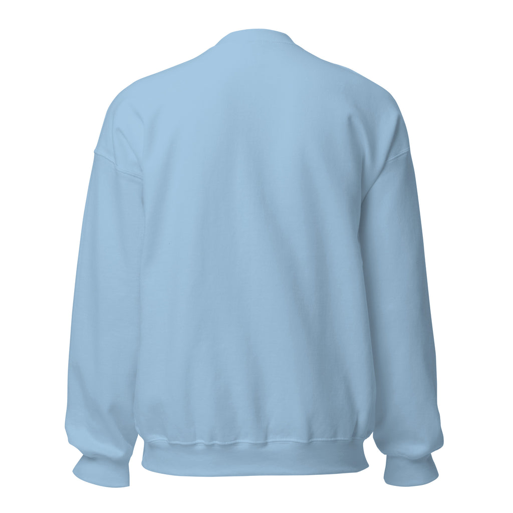 Tropical Moose Script Crewneck in Light Blue, back view
