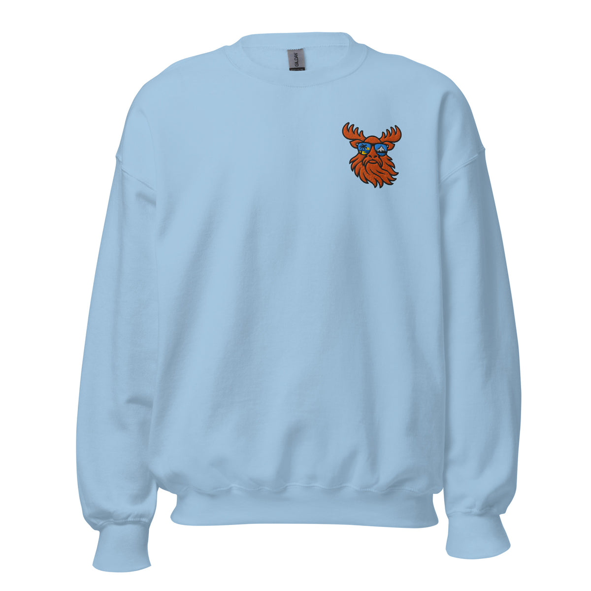 Tropical Moose Embroidered Crewneck in Light Blue, front view