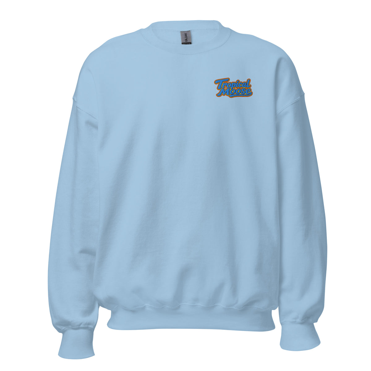 Tropical Moose Script Crewneck in Light Blue, front view