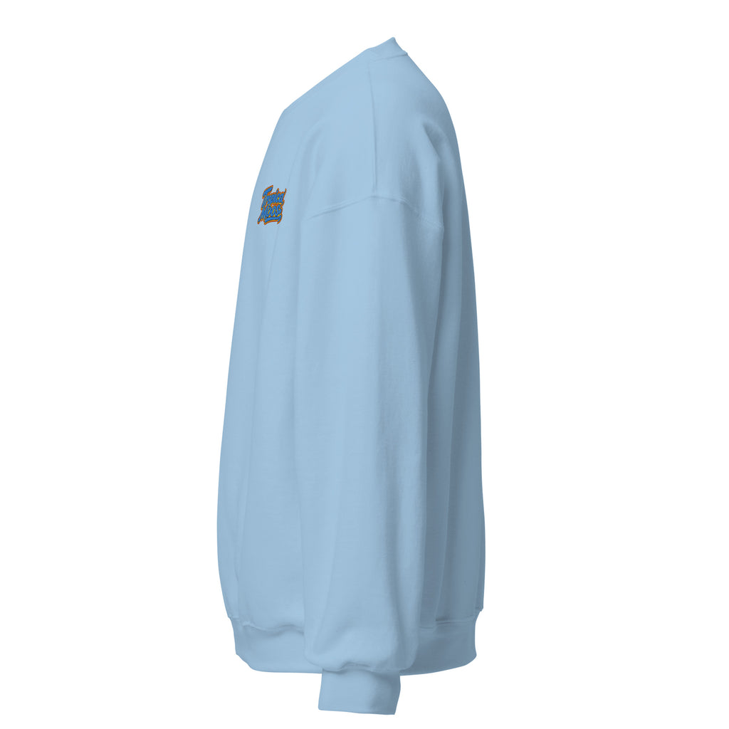 Tropical Moose Script Crewneck in Light Blue, left side view