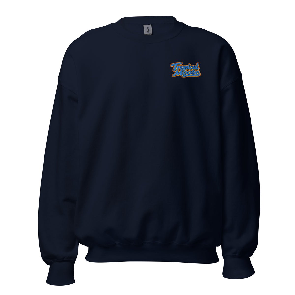 Tropical Moose Script Crewneck in Navy, front view