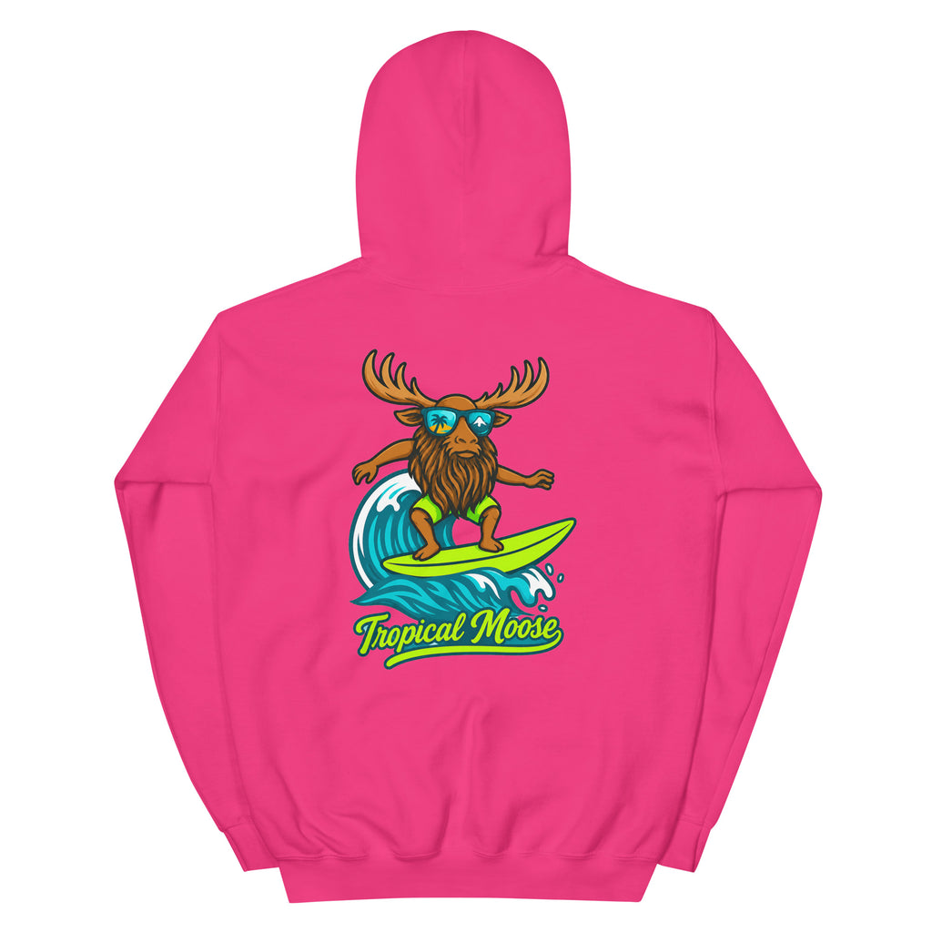 Surf Moose Pullover Hoodie in Heliconia pink, back view