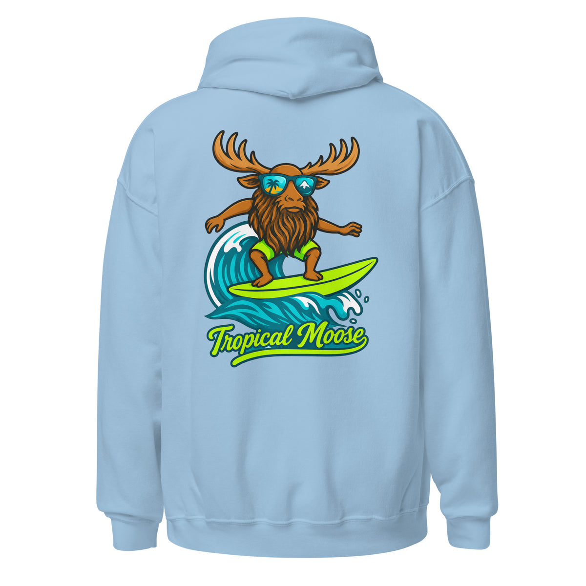 Surf Moose Pullover Hoodie in Light Blue, back view