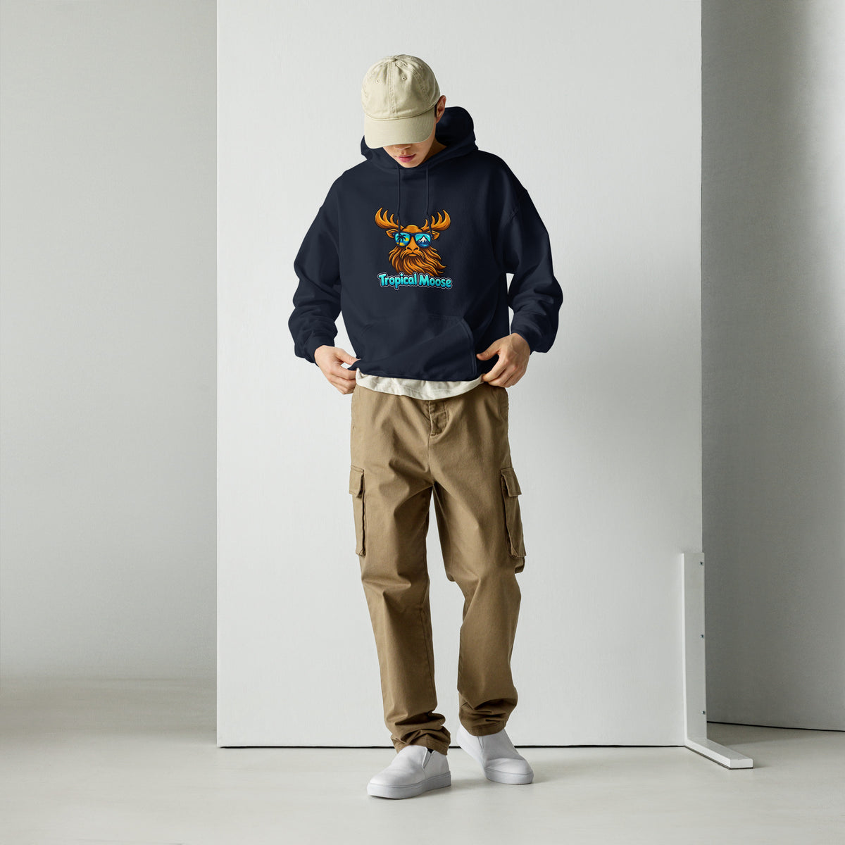 Tropical Moose Big Logo Hoodie in Navy, alternate front view