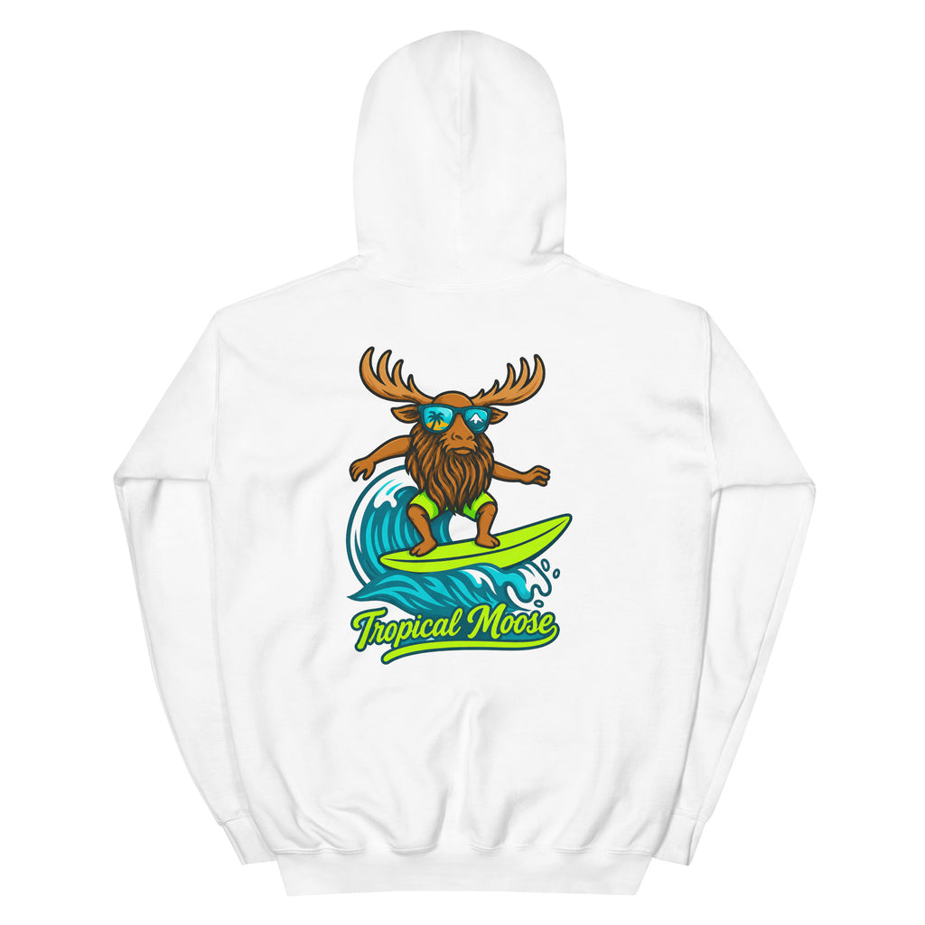Surf Moose Pullover Hoodie in White, back view with Surf Moose print