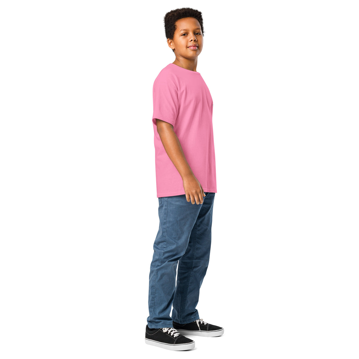Mini Moose Kids Surf Tee in Azalea pink, angled front view