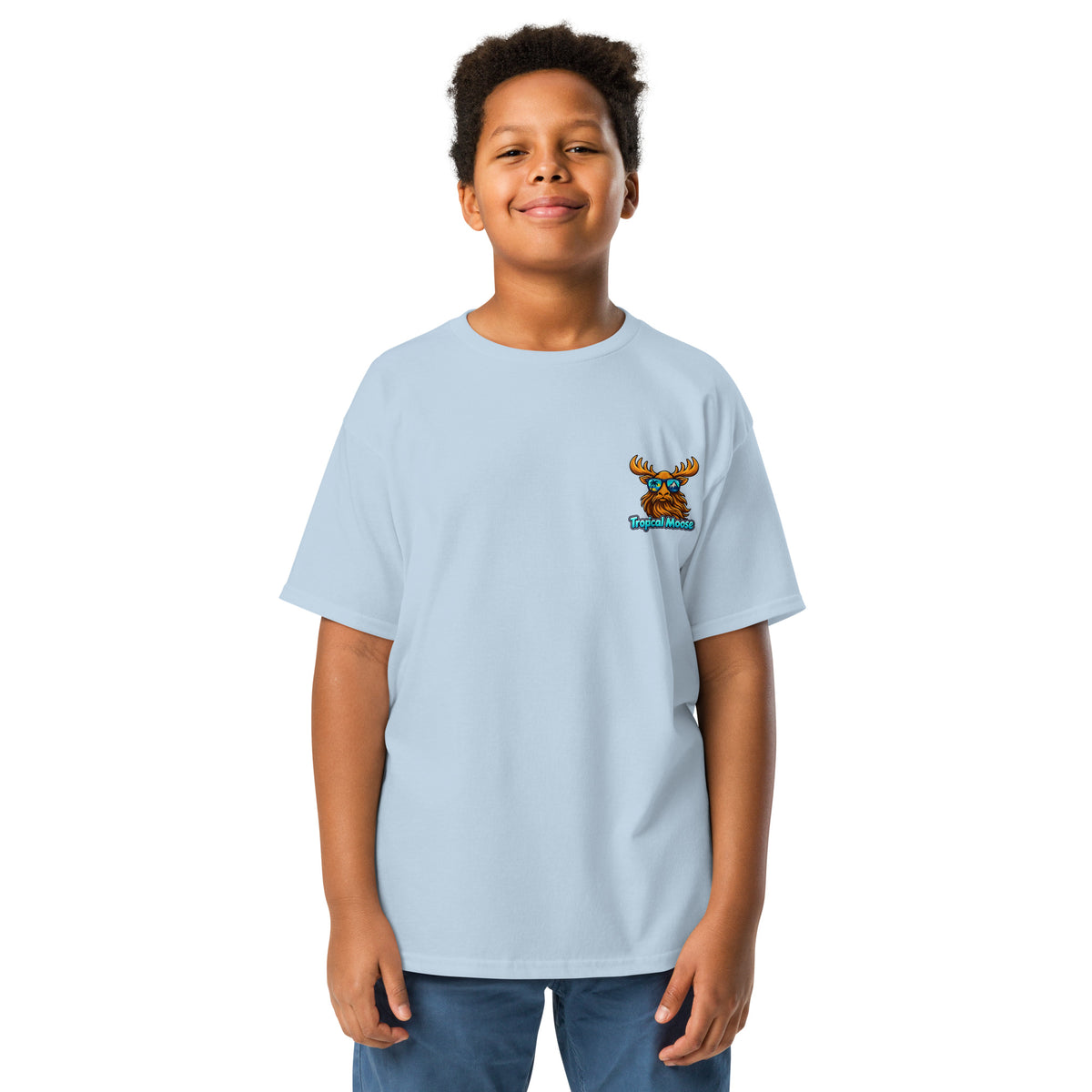 Mini Moose Kids Surf Tee in Light Blue, alternate front view