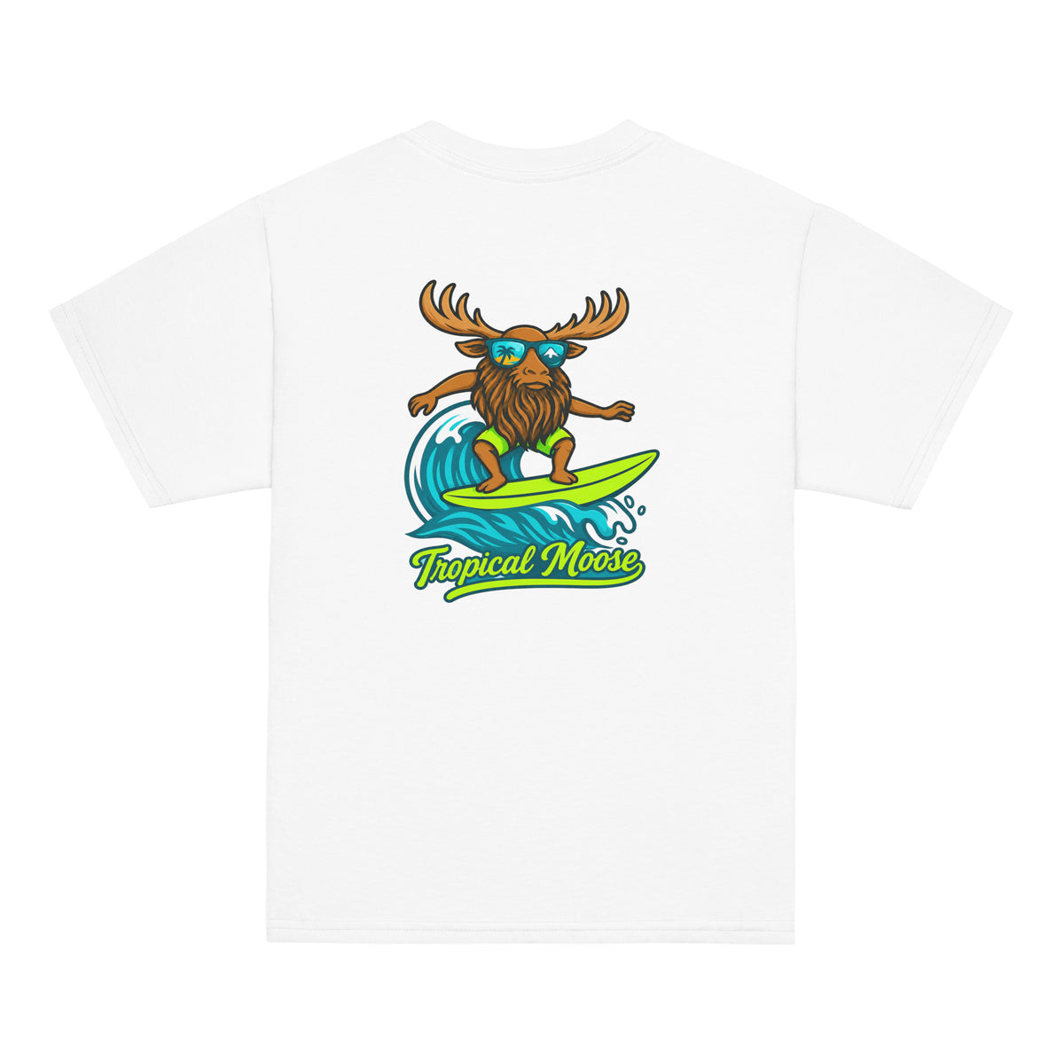 Mini Moose Kids Surf Tee in White, back view with Surf Moose print