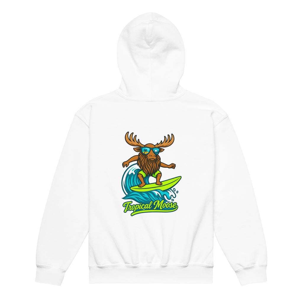 Mini Moose Kids Surf Hoodie in White, back view with Surf Moose print