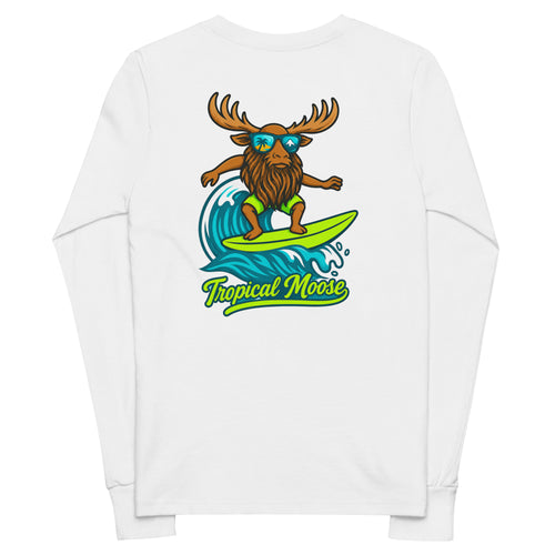 Mini Moose Kids Long Sleeve Tee in White, back view with Surf Moose print